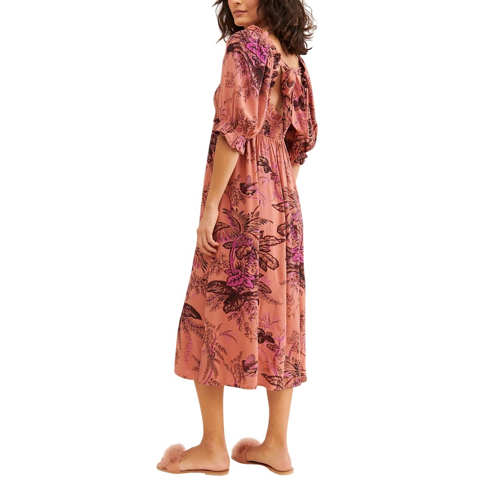 Anthropologie Orange Floral Midi Dress Womens Medium Smocked Tropical Boho